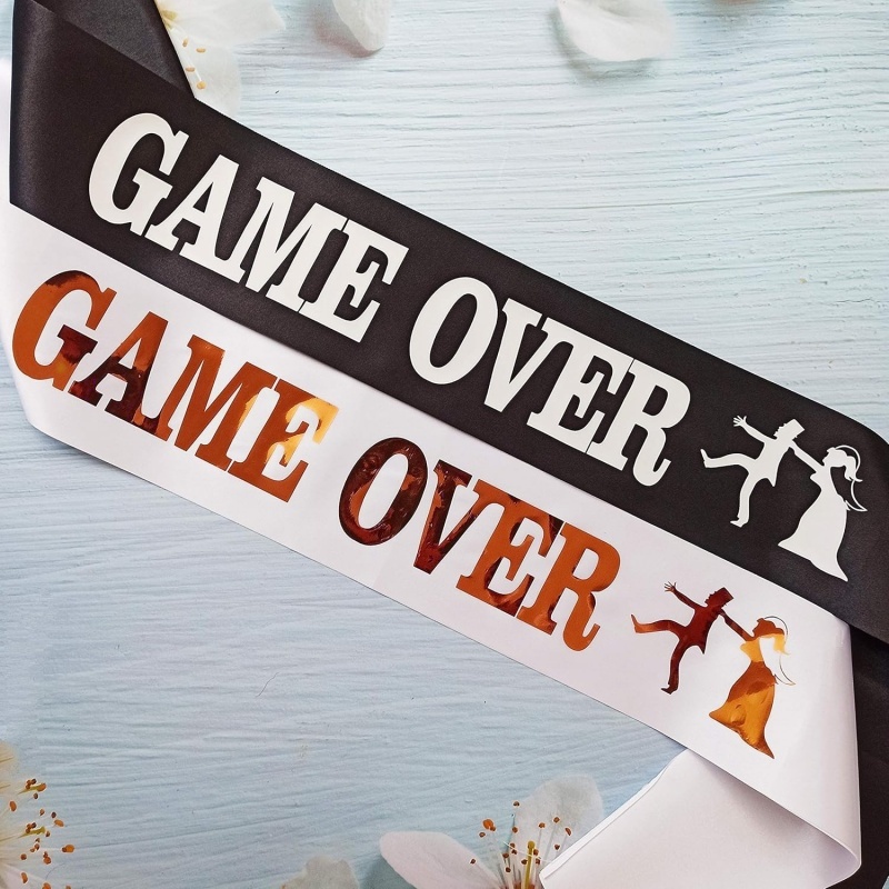 Party Games Bridal Shower - 게임오버 총각파티 신랑 띠, 블랙앤화이트 브라이덜샤워